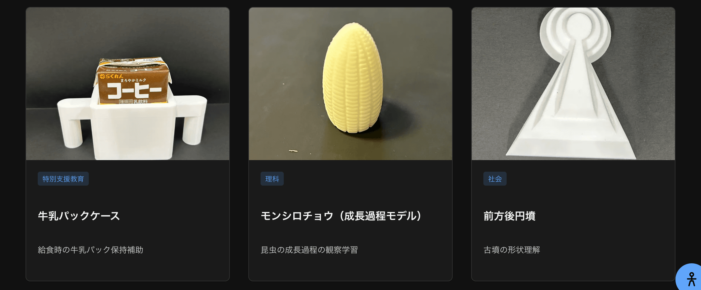 教材カタログ。牛乳パックケース（特別支援教育）、モンシロチョウ成長過程モデル（理科）、前方後円墳（社会）が教科タグ付きで並ぶ